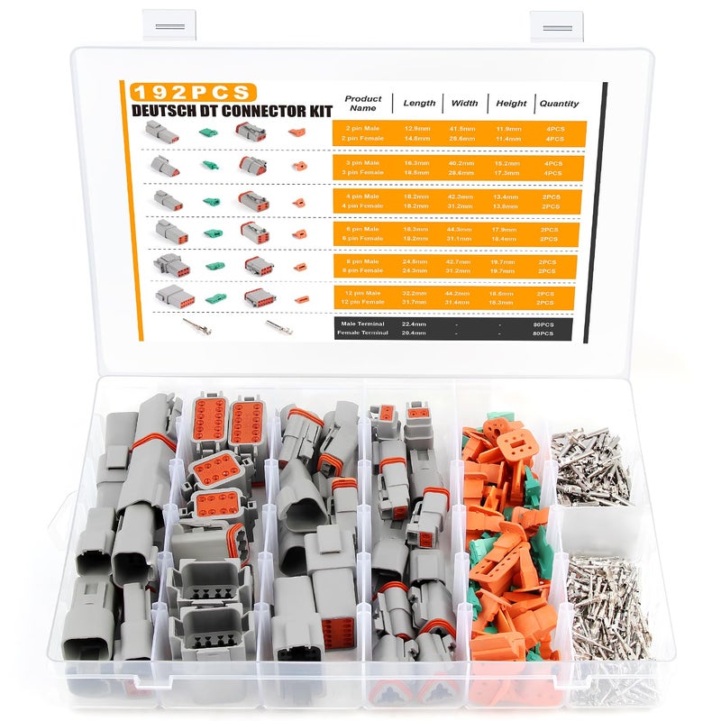 Flytuo 192Pcs Deutsch Connector kit 2 3 4 6 8 12 Pin Connector Size 16 DT Series Waterproof Automotive Electrical Wire Connectors 1422AWG