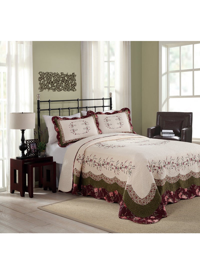MODERN HEIRLOOM MODERN HEIRLOOM Brooke Embroidered Floral Quilted Bedspread Lightweight Breathable All Seasons Bedding Queen Size CreamBurgundyGreen 