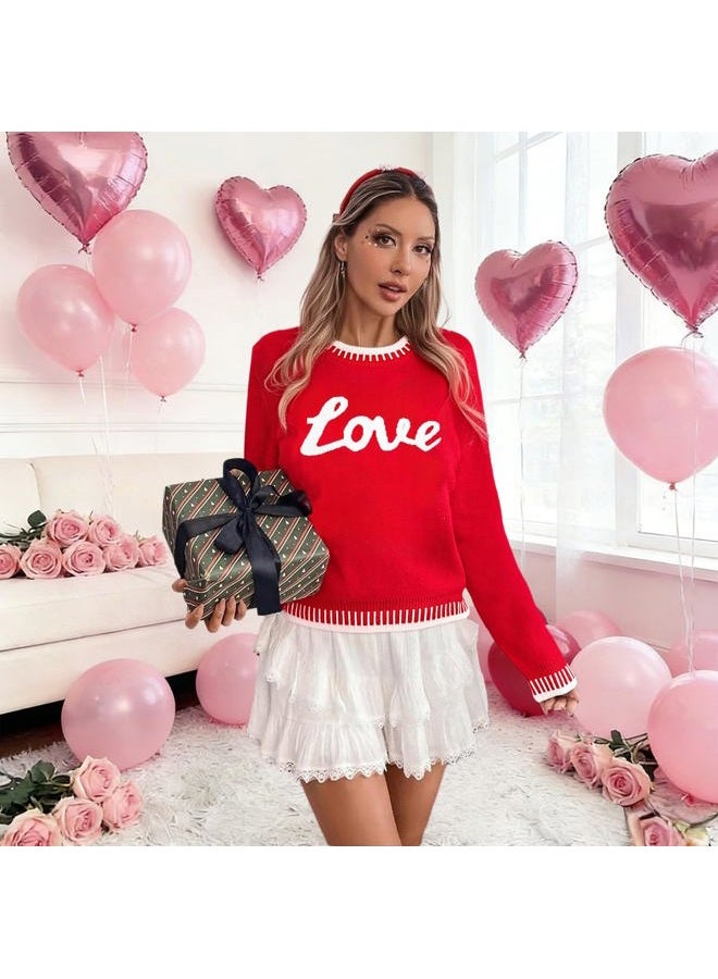 LUKYCILD Valentines Sweater Women Love Heart Sweatshirt Valentine Day Love Sweaters Cute Knitted Long Sleeve Pullover Tops, Red, XL - Image 2