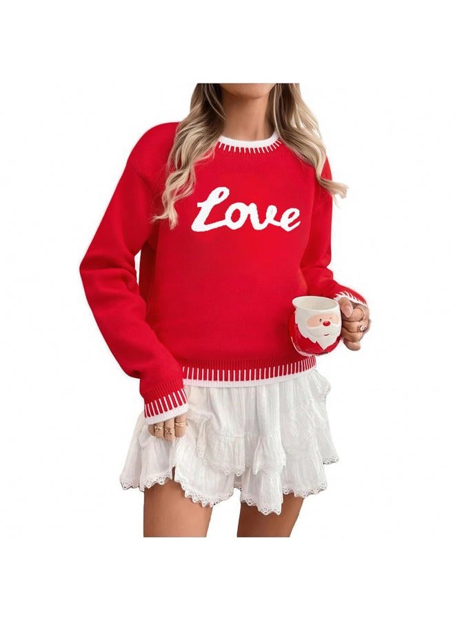 LUKYCILD Valentines Sweater Women Love Heart Sweatshirt Valentine Day Love Sweaters Cute Knitted Long Sleeve Pullover Tops, Red, XL - Image 1