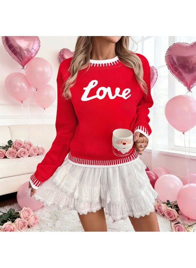 LUKYCILD Valentines Sweater Women Love Heart Sweatshirt Valentine Day Love Sweaters Cute Knitted Long Sleeve Pullover Tops, Red, XL - Image 3