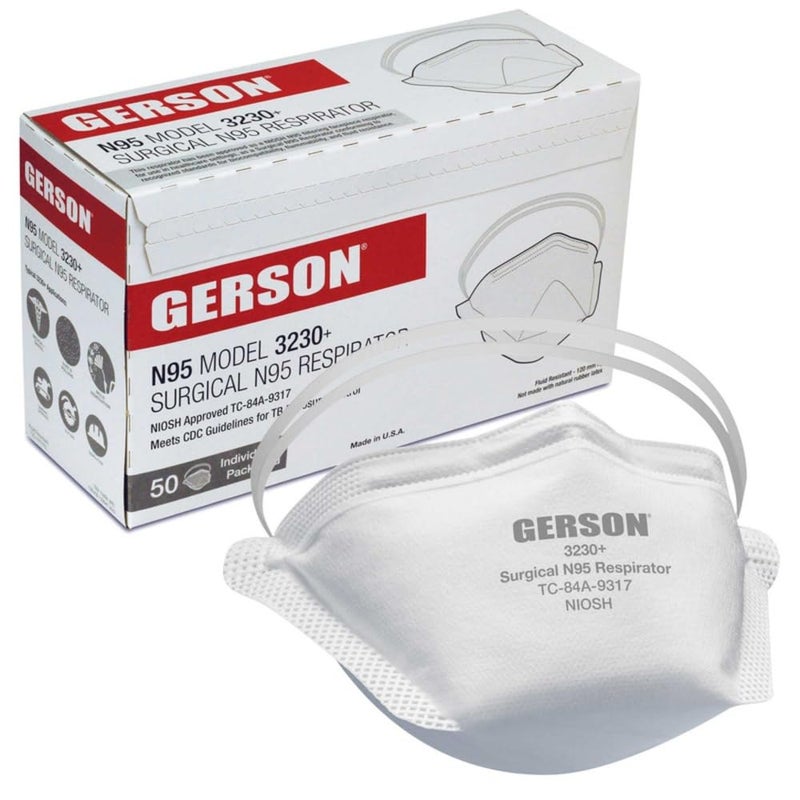 GERSON FDA Cleared Sugical N95 Pouch Respirator (3230+), NIOSH-Approved, Made in U.S.A., One-Size, 50 Respirators/Box, White - Image 1