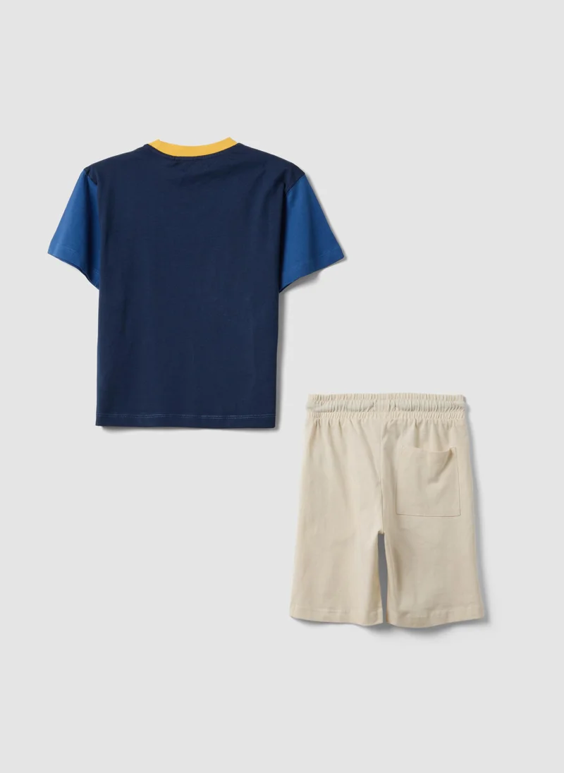 او في اس OVS Blue And Beige Pure Cotton Set With T-Shirt And Shorts