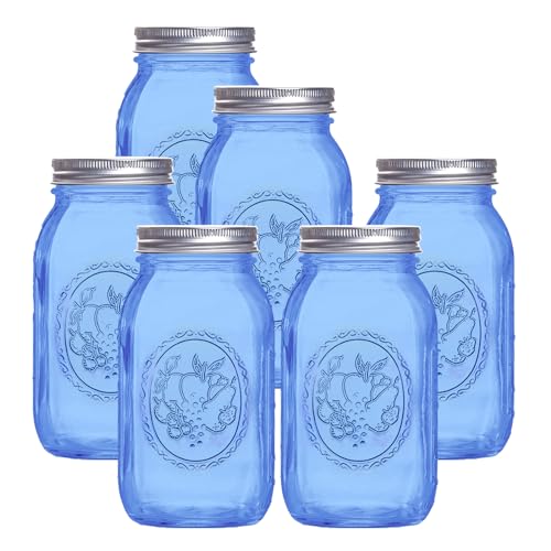 eleganttime Regular Mouth Mason Jars 32 oz6 Pack Blue Glass Colored Canning Jars with Airtight Lids for CanningPicklingStorageDIY Crafts  Dcor