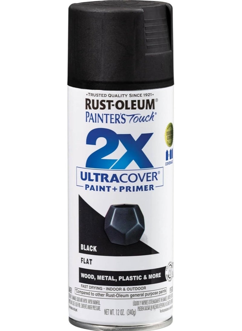 Rust-Oleum Painter’s Touch 2X Ultra Cover Spray Paint Black Flat 12oz – Fast Dry Paint + Primer for Wood Metal Plastic Indoor Outdoor, Smooth Finish High Coverage Durable Spray Paint - Image 1