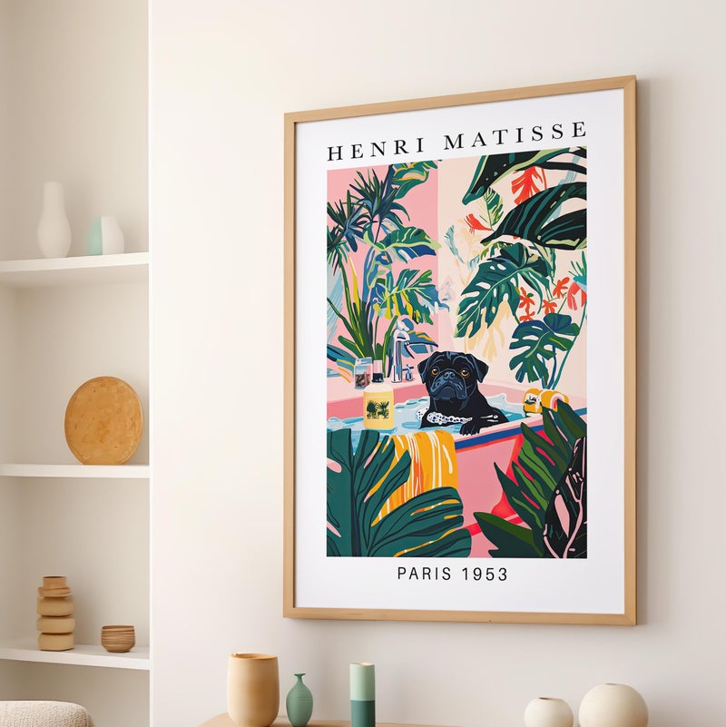 TNESSENTIAL Black Pug in Bathtub Wall Art Poster or Canvas Print, Funny Bathroom Print, Henri Matisse Artwork, Maximalist Animal Decor, Whimsy Dog Print - Image 1