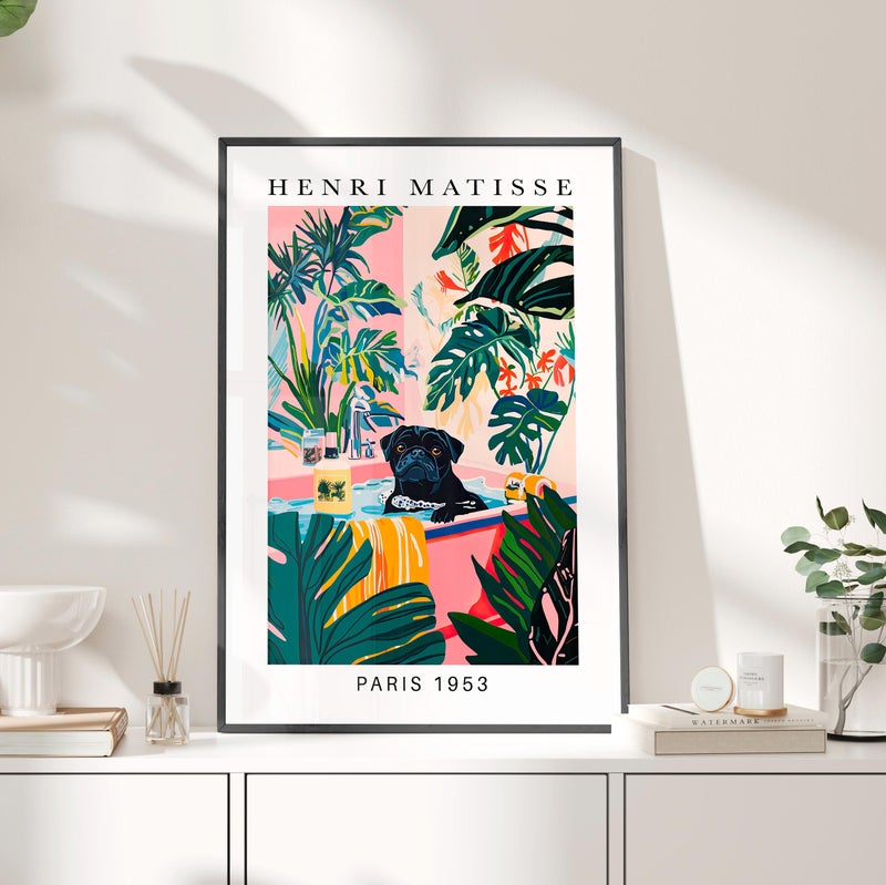 TNESSENTIAL Black Pug in Bathtub Wall Art Poster or Canvas Print, Funny Bathroom Print, Henri Matisse Artwork, Maximalist Animal Decor, Whimsy Dog Print - Image 3