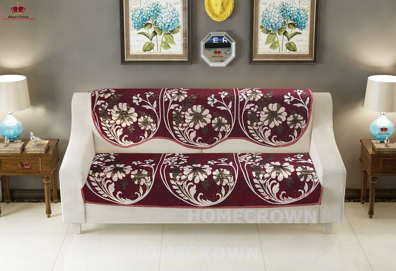 HOMECROWN Floral Design 3 Seater Cotton Fabric Sofa Cover Set for Living Room (2 Pieces) (Maroon) - Image 1