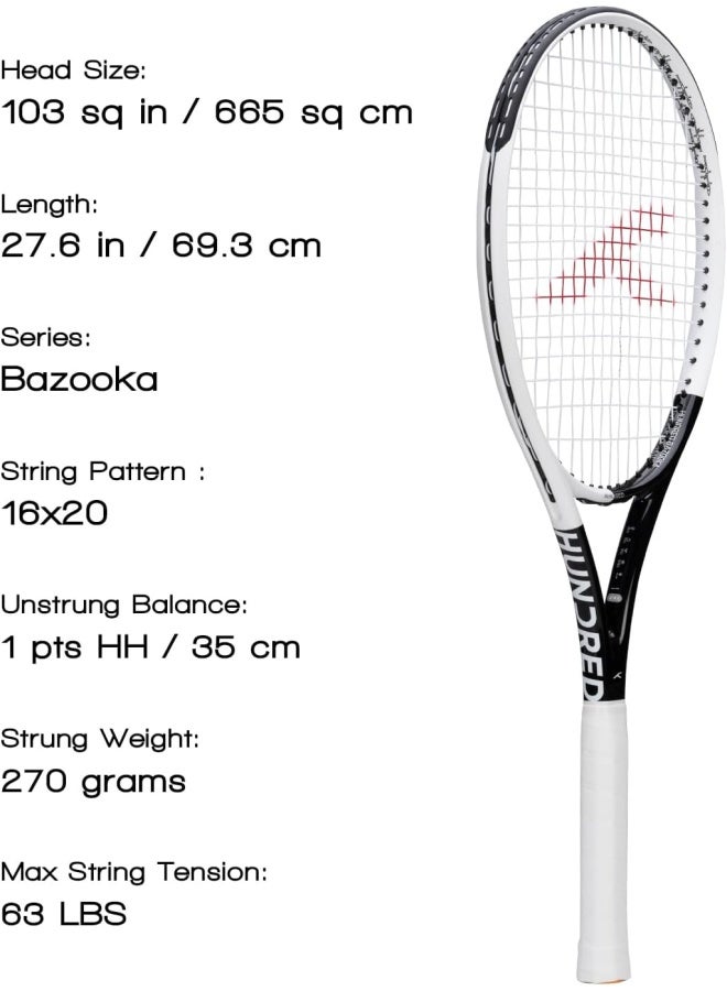 HUNDRED Bazooka Strung Tennis Racket With Full Cover | 1 Point Head Heavy | Grip Size 2 (4 1/4 Inches) | 270 Grams (White/Black) - Image 2