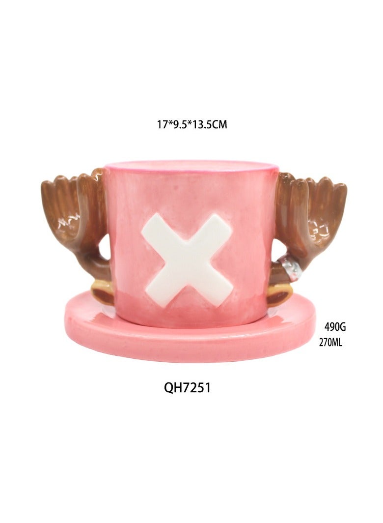 عام الرسوم المتحركة واحد قطعة الكرتون تشوبا قبعة القش ، فنجان القهوة الصحن الكرتون الخزف الأبيض كأس السيراميك للجماهير والأصدقاء (270 مل) - Image 2