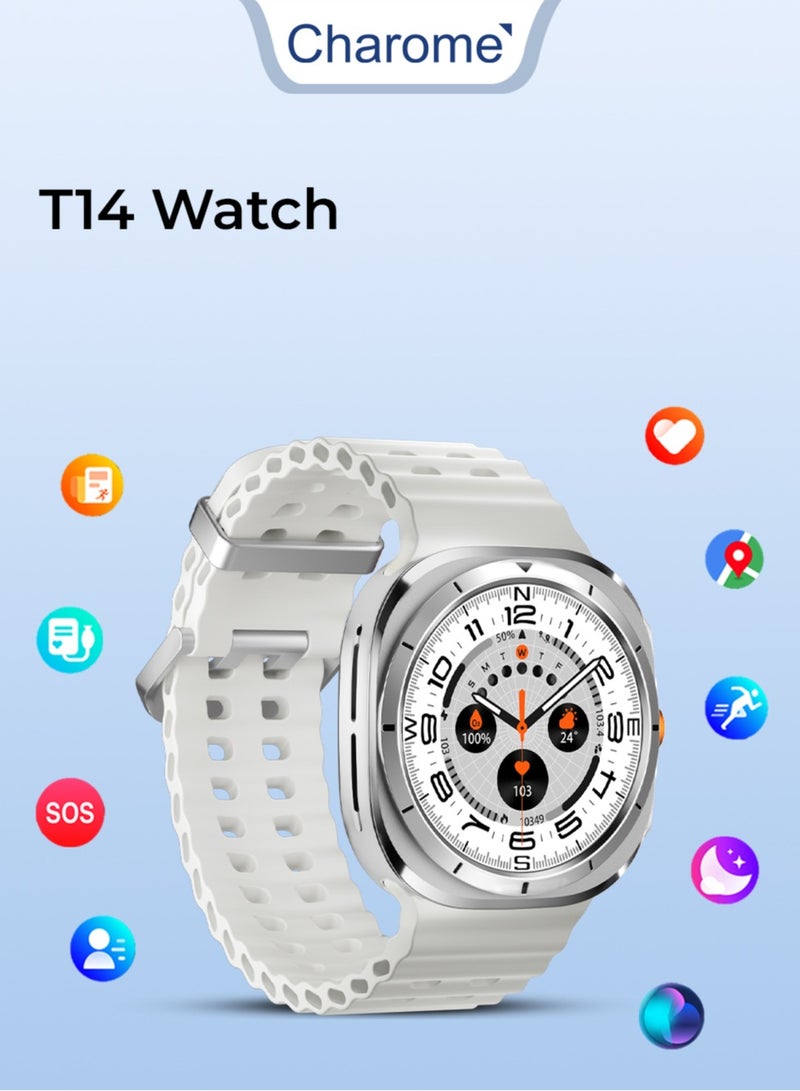 Charome ساعة ذكية متقدمة للغاية شاروم T14 بتصميم فضي أنيق تتبع اللياقة البدنية، مراقبة الصحة، عمر بطارية طويل، مقاومة للماء، شاشة تعمل باللمس - Image 1