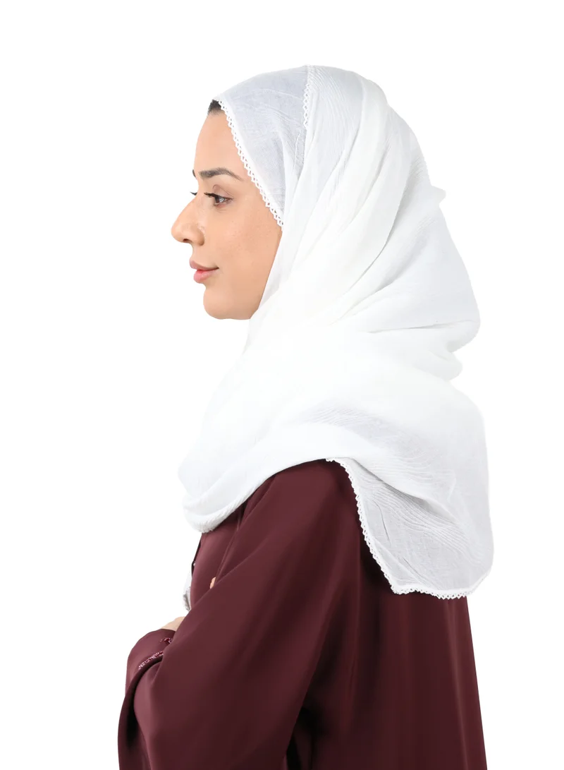 Jameela  Wave Pattern Cotton Crush Scarf with Lace Trim (White) for Women | Best Price UAE