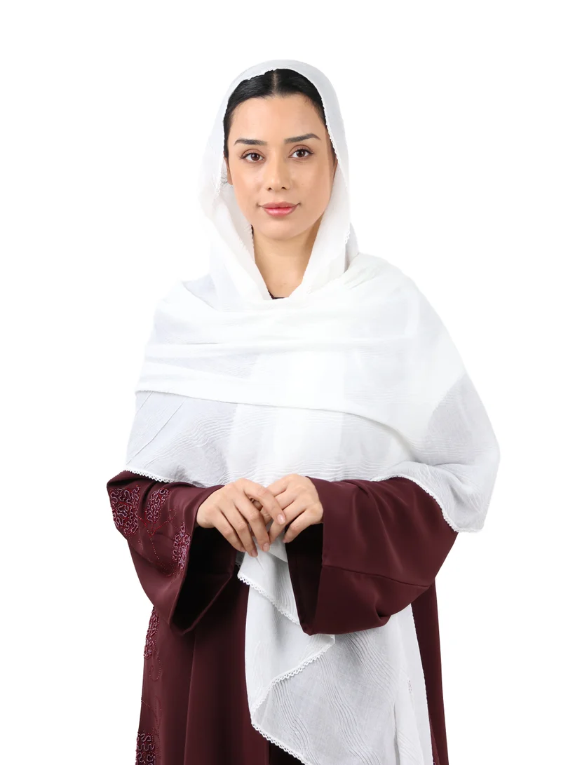 Wave Pattern Cotton Crush Scarf with Lace Trim (White)