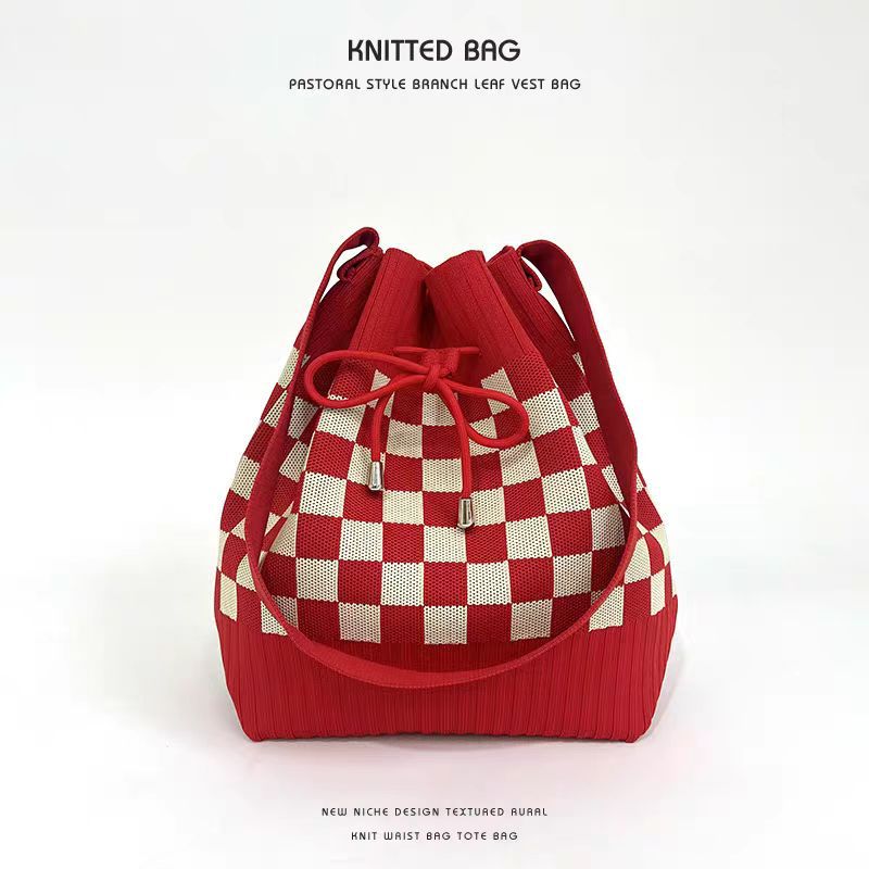 New Open Drawstring Rhombic Knitted Bucket Bag Large Capacity Handbag Retro All-Match Portable Shoulder Bag - Image 1
