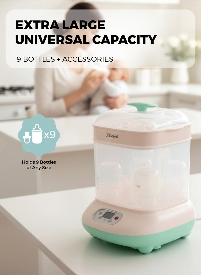 Zenito Electric Baby Bottle Sterilizer - Fast & Effective- Large Size Bottle Steriliser and Dryer 2 in 1, Hold 9 Bottles and Pacifiers, Electric Steam Steriliser for All Baby Bottles, Breast Pump Parts, Teething Toys, Newborn Essentials - White - Image 4