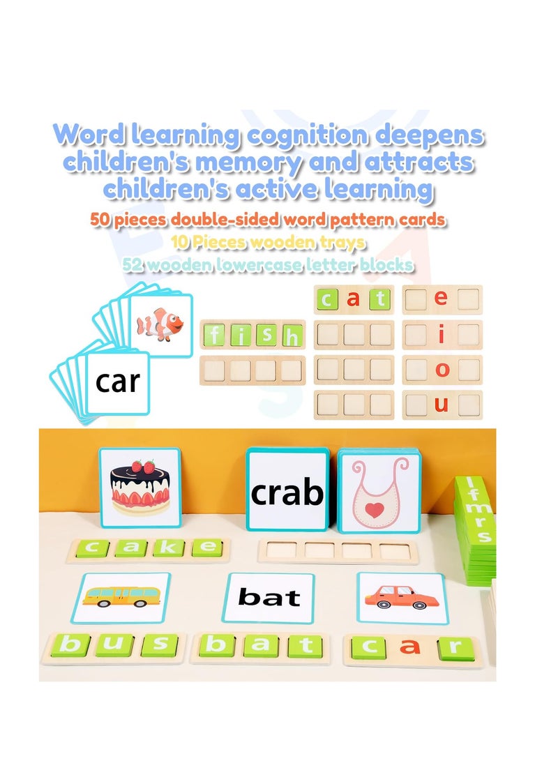 Excefore Wooden CVC Word Spelling Games, Montessori Educational Toys, Vowel Learning Toys with 50 Sight Word Flash Cards, Gift for 3 4 5 6 Year Old Kid  - Image 3