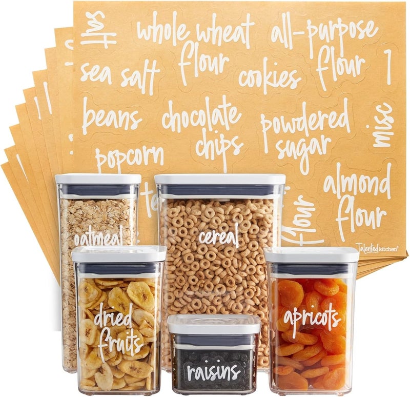 Talented Kitchen 157 Pantry Labels for Food Containers - Preprinted White Script Kitchen Food Organization Labels for Storage Canisters and Jars (White Script) - Image 1
