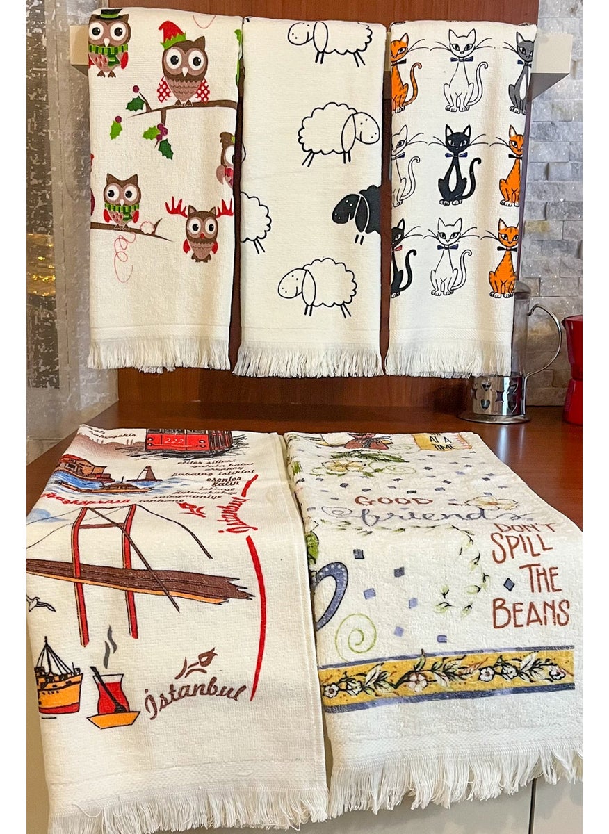 Cnr Garden 5 Piece Fringed Cotton 40X60 cm 100% Cotton Printed Towel Set Hand Face Kitchen Towel Soft Patterned Water Absorbent Set  - Image 1