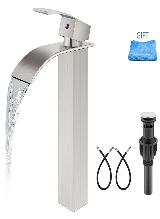 Aolemi Tall Bathroom Faucet Vessel Sink Faucet Single Hole 1 Handle Lavatory Vanity RV Deck Mount Mixer Tap with Pop Up Drain Assembly, Brushed Nickel, Waterfall Spout - Image 1