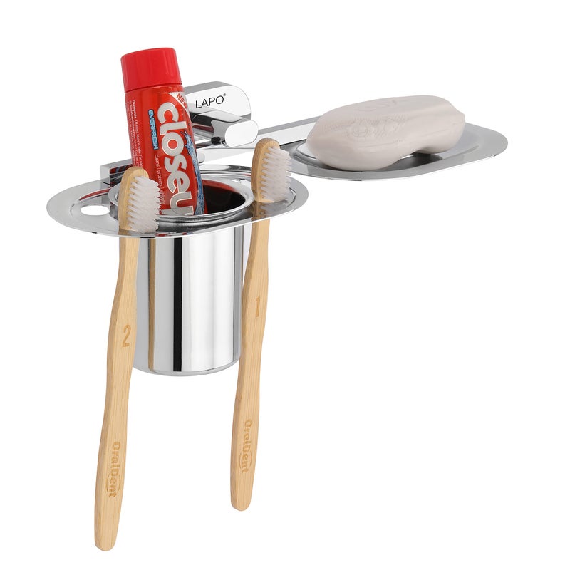 LAPO Stainless Steel 304 Grade Soap Holder with Brush Holder for Bathroom | Soap Dish with Tumbler Holder Bathroom Accessories(Chrome Finish) - Image 3