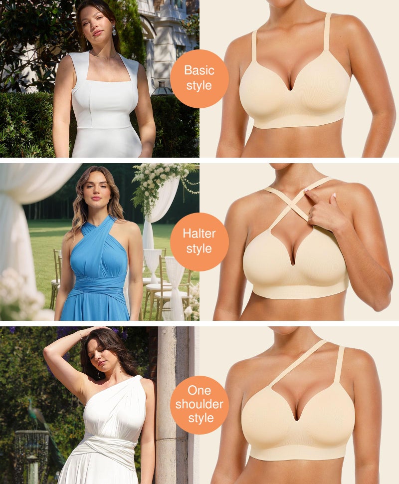 Popilush Push Up Bras for Women No Underwire Supportive Push Up Bralettes Wireless Full Coverage T-Shirt Bra (36C-D) Skin - Image 5