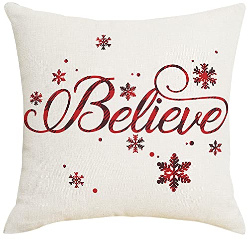Artmag 16x16 Christmas Pillow Covers Decorative Farmhouse Christmas Vibes Believe Buffalo Plaid Let it Snow Outdoor Pillow Shams Cases Slipcovers Set of 4 for Couch Sofa - Image 3