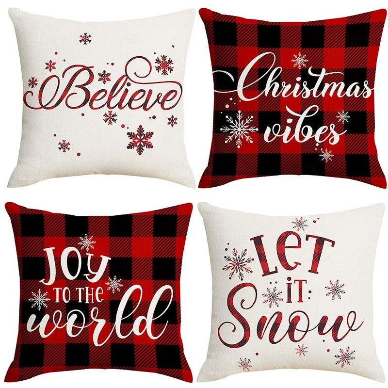 Artmag 16x16 Christmas Pillow Covers Decorative Farmhouse Christmas Vibes Believe Buffalo Plaid Let it Snow Outdoor Pillow Shams Cases Slipcovers Set of 4 for Couch Sofa - Image 2