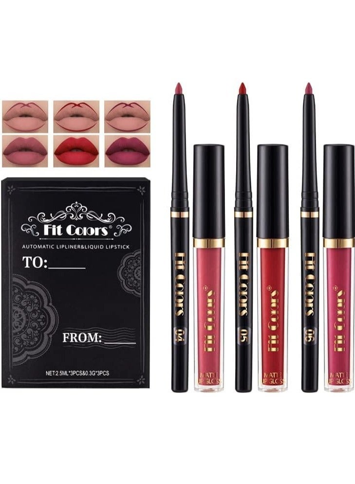 Excefore 6Pcs Lip Liner and Lipstick Set, 3 Velvety Matte Liquid Lipsticks + 3 Matching Smooth Lip Liner, Long-Lasting Wear Waterproof Lip Gloss, Makeup Lipstick Gift Kit for Women Girls Daily Party Work - Image 1