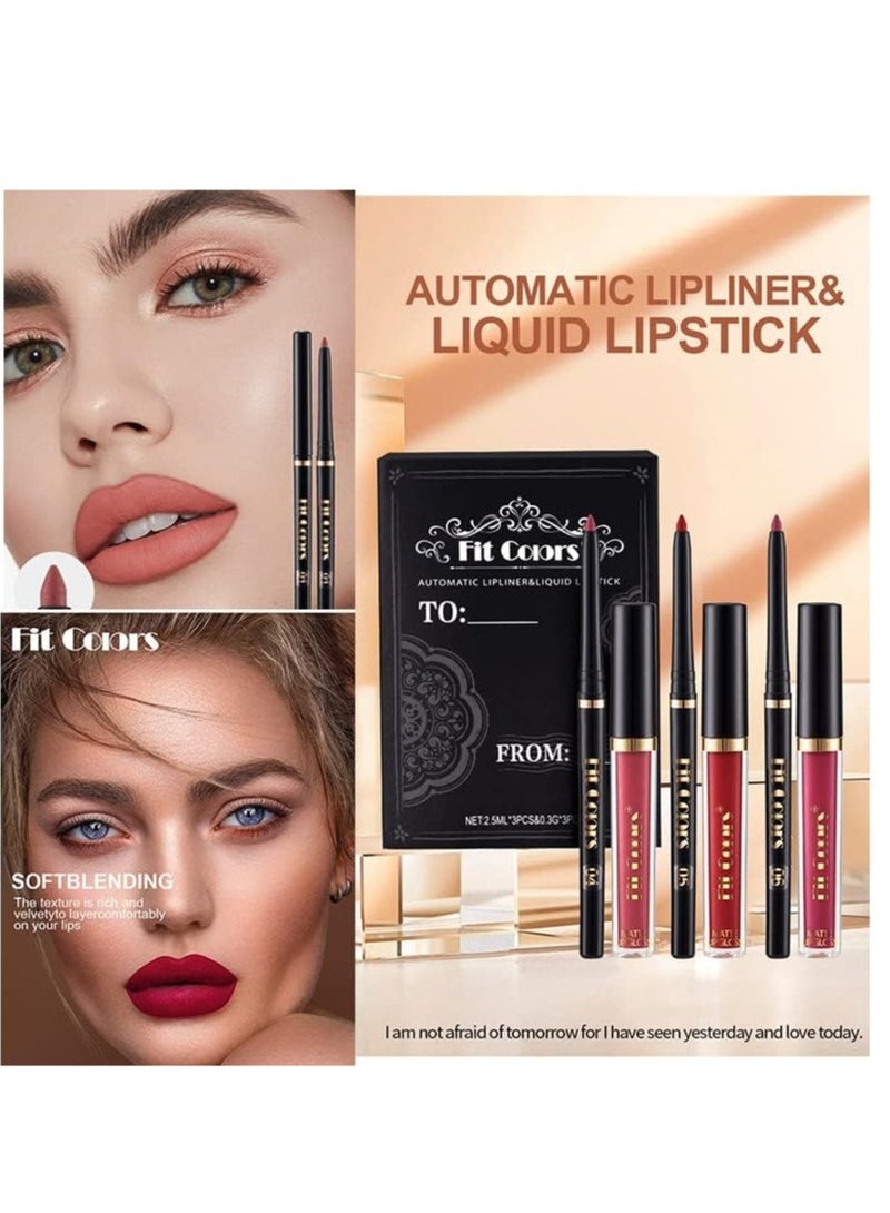 Excefore 6Pcs Lip Liner and Lipstick Set, 3 Velvety Matte Liquid Lipsticks + 3 Matching Smooth Lip Liner, Long-Lasting Wear Waterproof Lip Gloss, Makeup Lipstick Gift Kit for Women Girls Daily Party Work - Image 2