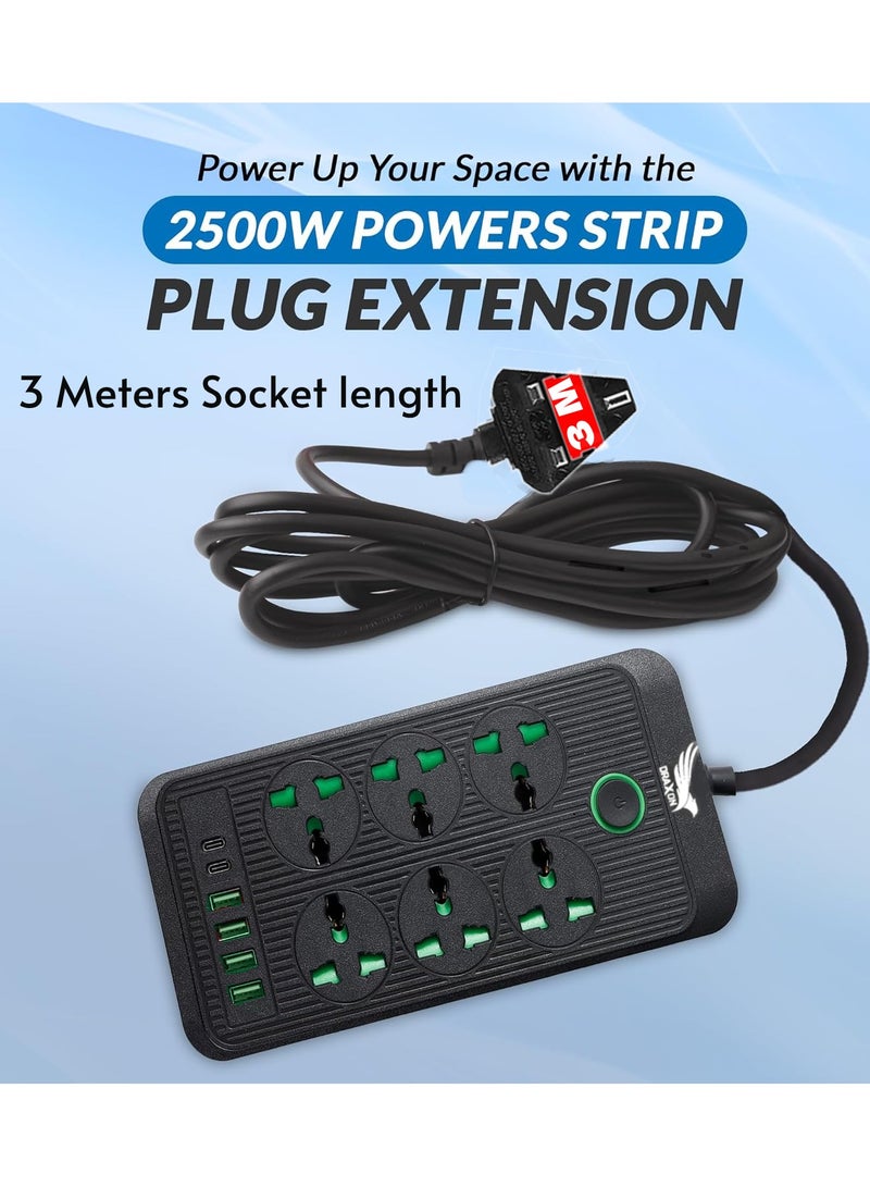 Power Strips Extension Cord 6 Outlets, Power Socket with 6 USB Ports Universal Charging Socket with 3M Socket