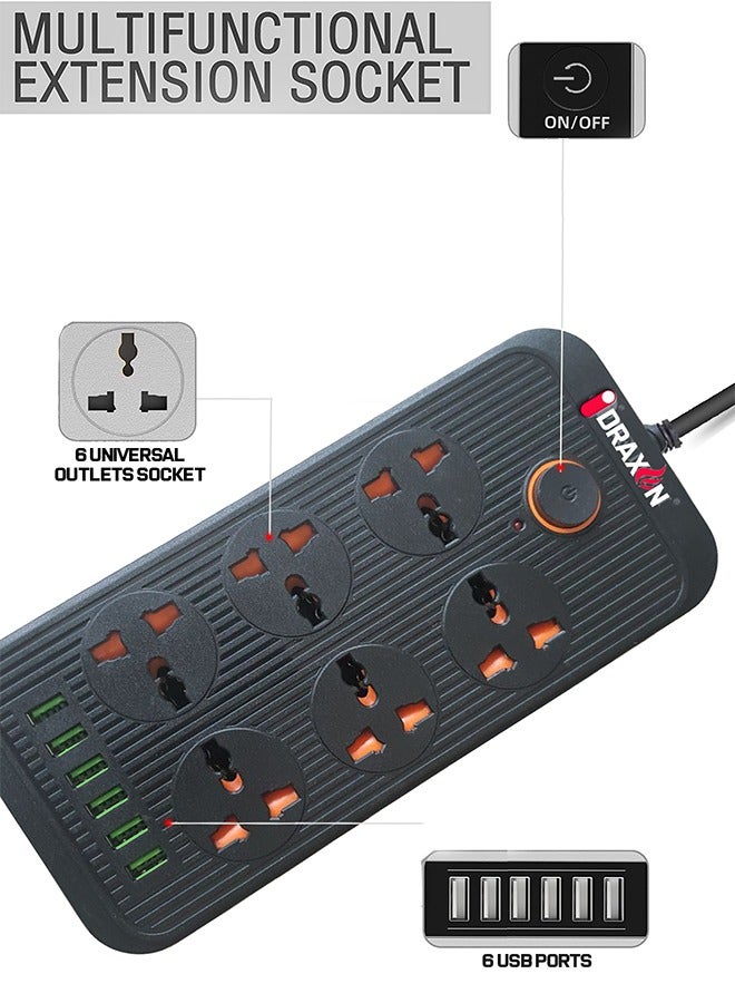 Power Strips Extension Cord 6 Outlets, Power Socket with 6 USB Ports Universal Charging Socket with 3M Socket
