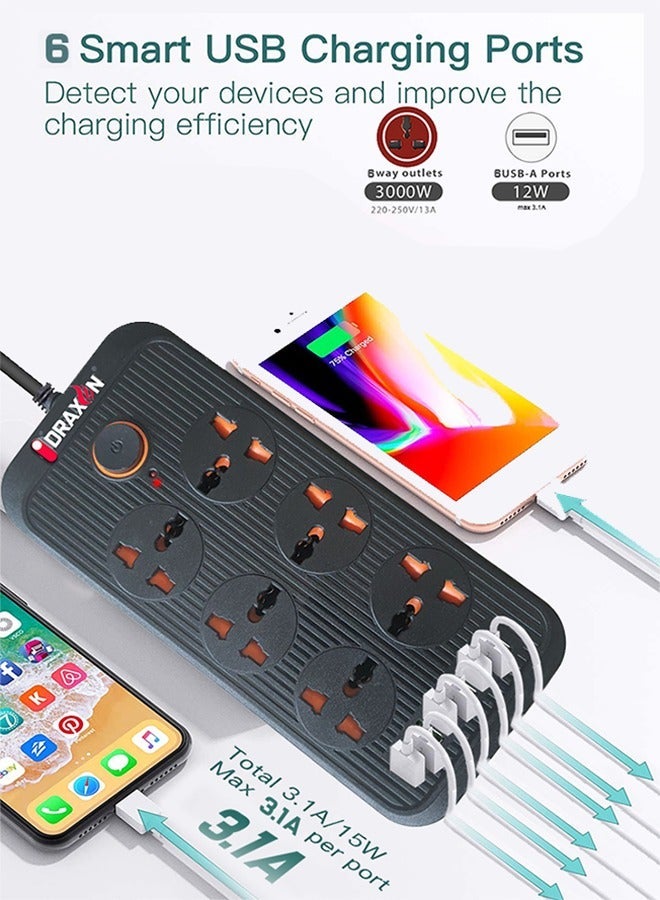 دراكسون وصلة كهربائية Draxon موصل تيّار بحماية من ارتفاع التيّار في 6 مخارج مزوّد بعدد 6 منافذ USB أسود ( 3 متر ) - Image 5