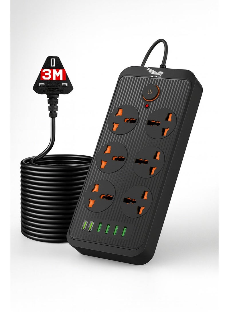 دراكسون وصلة كهربائية Draxon موصل تيّار بحماية من ارتفاع التيّار في 6 مخارج مزوّد بعدد 6 منافذ USB أسود ( 3 متر ) - Image 1