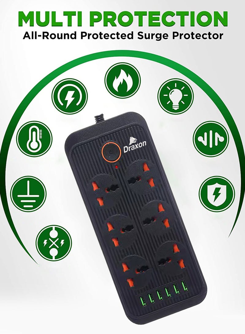 دراكسون وصلة كهربائية Draxon موصل تيّار بحماية من ارتفاع التيّار في 6 مخارج مزوّد بعدد 6 منافذ USB أسود ( 3 متر ) - Image 4