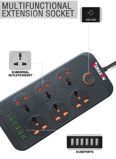 Draxon Power Strips Extension Cord 6 Outlets, Power Socket with 6 USB Ports Universal Charging Socket with 3M Socket  - Image 4