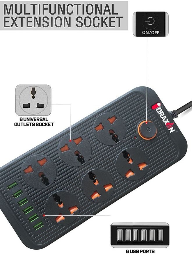 Draxon - Power Strips Extension Cord 6 Outlets, Power Socket with 6 USB Ports Universal Charging Socket with 3M Socket - Image 1