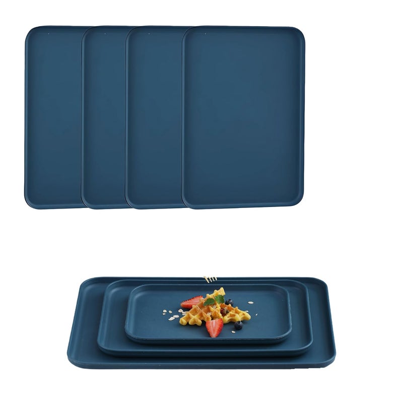 RoarCraft Multifunction Rectangle Dinner Plates - Wheat Straw Reusable Dinnerware Dishes Set, Food Plate Saucers Tray, Fruits, Salad, Snack, BPA Free (Blue, 25CM, Set of 4) - Image 1