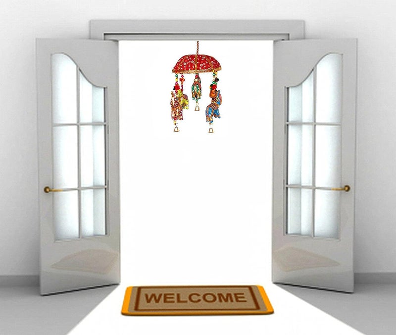 Rastogi Handicrafts Indian Traditional Elephant Umbrella Hanging Layer of Five Elephant Door Hanging Decorative Hanging Orange
