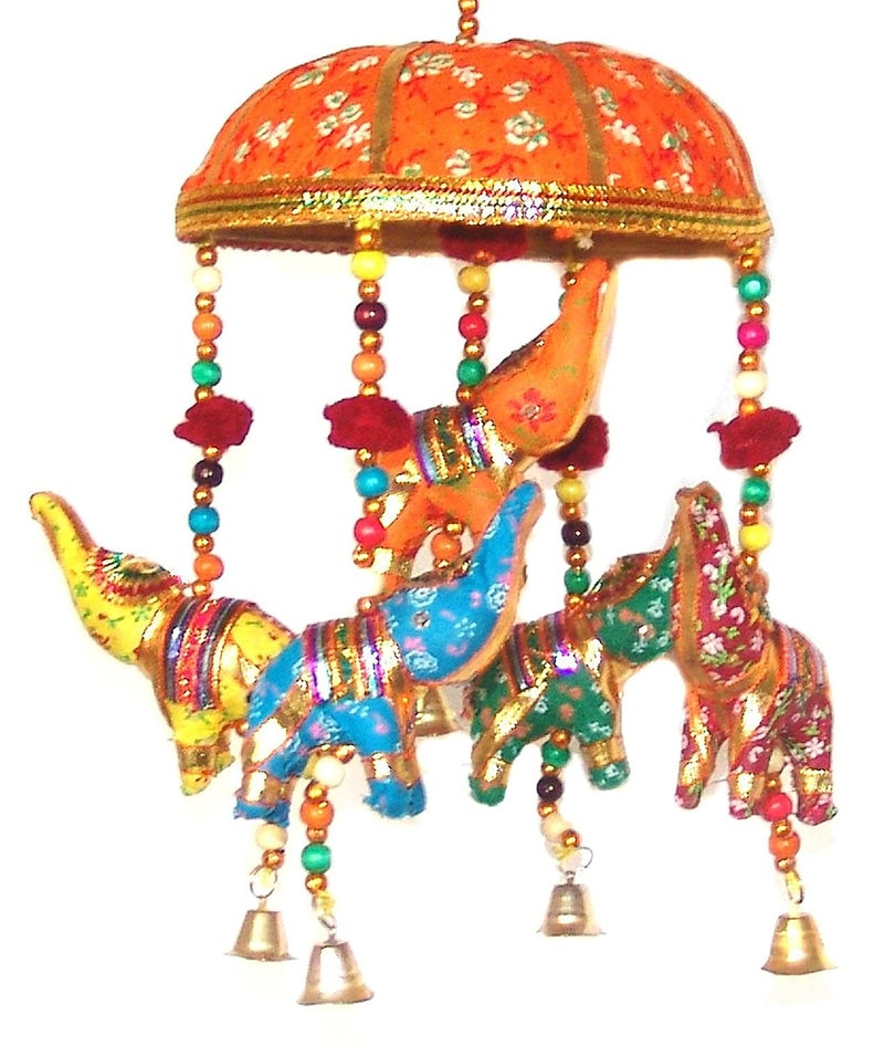 Rastogi Handicrafts Indian Traditional Elephant Umbrella Hanging Layer of Five Elephant Door Hanging Decorative Hanging Orange