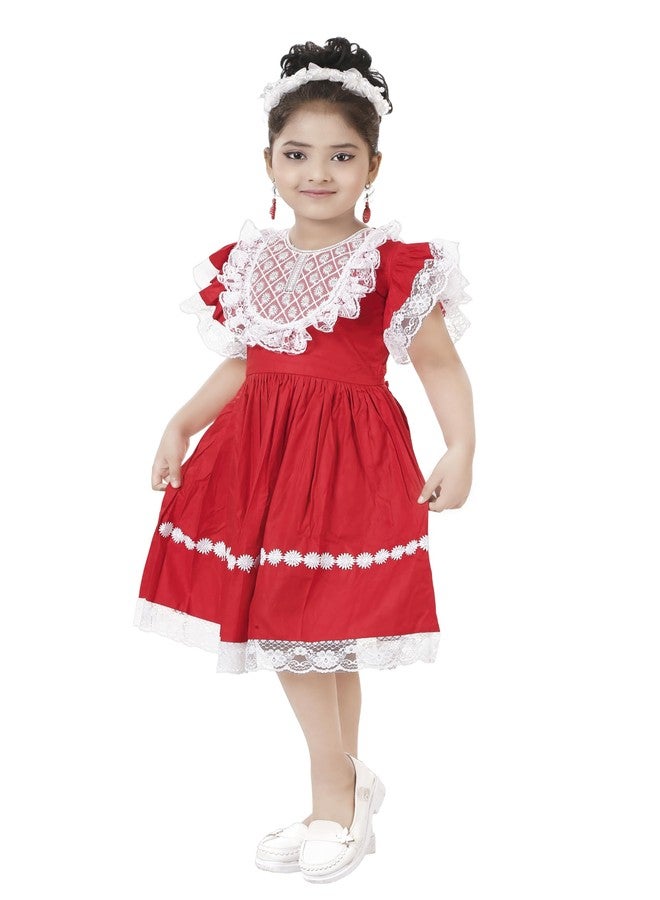 فستان حفلات للبنات من ذا كراون، مصنوع من القطن ومطرز بالدانتيل باللونين الأحمر والأبيض - Image 3