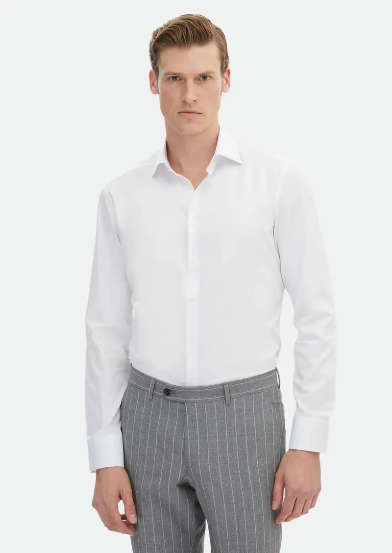 RAMSEY White Plain Slim Fit Weaving Classical 100% Cotton Shirt