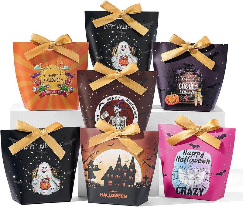 SLShePack 24 Set Halloween Treat Boxes with Ribbons,6 Patterns Gift Bags for Coworkers Decorations Boxes Party Favors Bags - Image 1