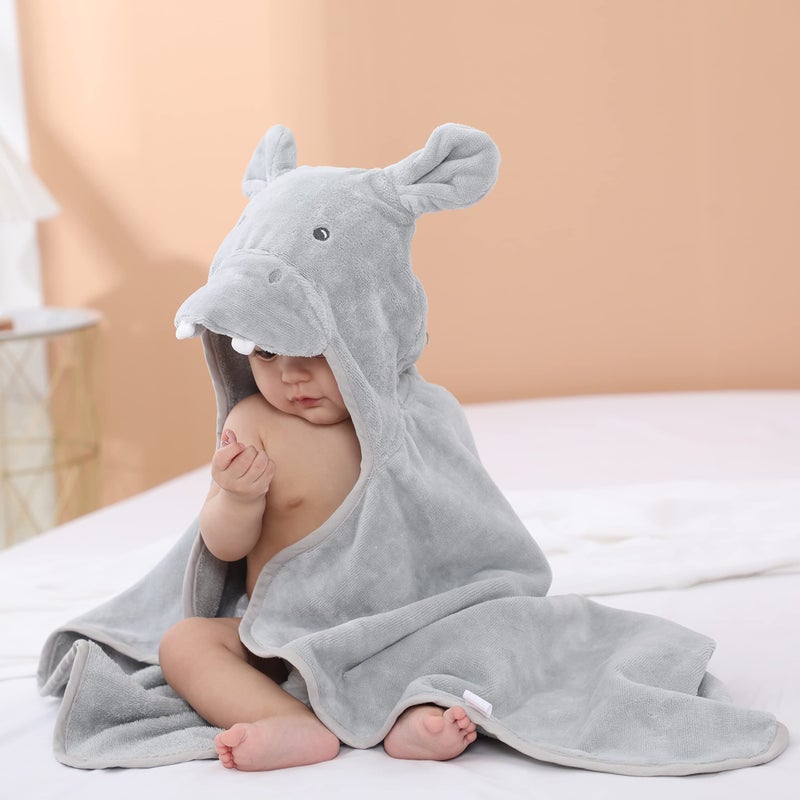 TBEZY Baby Hooded Towel with Unique Animal Design Ultra Soft Thick Cotton Bath Towel for Newborn (Hippo) - Image 3