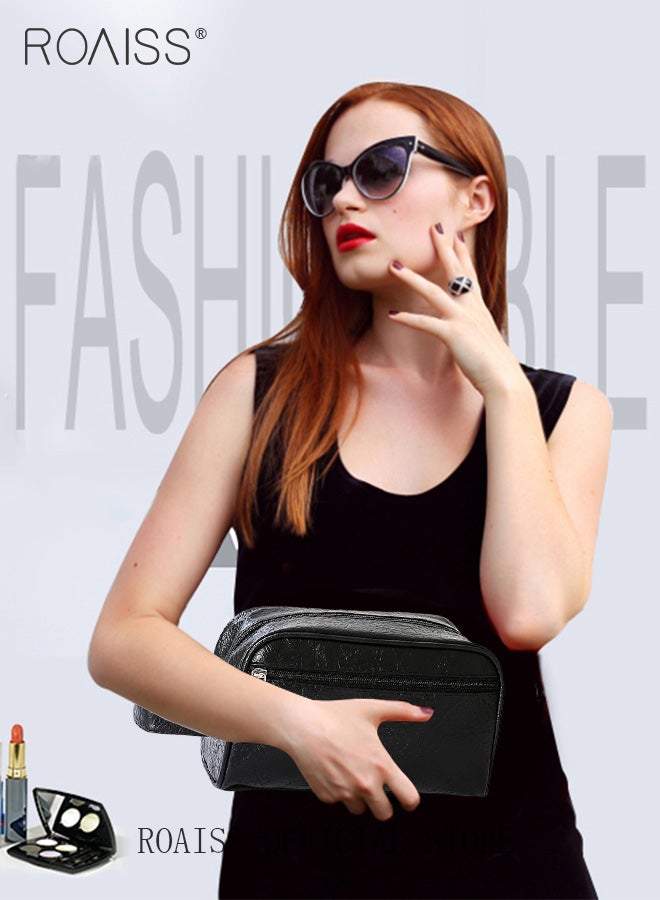 roaiss Portable Toiletry Bag Large Unisex Capacity Waterproof Travel Carry on Bag Personalized Leather Solid Color Cosmetic Handbags for Women Wallet Phone Wristlet Bag for Men - Image 4
