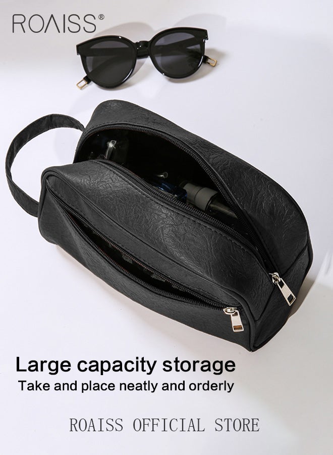 roaiss Portable Toiletry Bag Large Unisex Capacity Waterproof Travel Carry on Bag Personalized Leather Solid Color Cosmetic Handbags for Women Wallet Phone Wristlet Bag for Men - Image 2