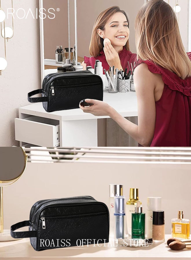 roaiss Portable Toiletry Bag Large Unisex Capacity Waterproof Travel Carry on Bag Personalized Leather Solid Color Cosmetic Handbags for Women Wallet Phone Wristlet Bag for Men - Image 5