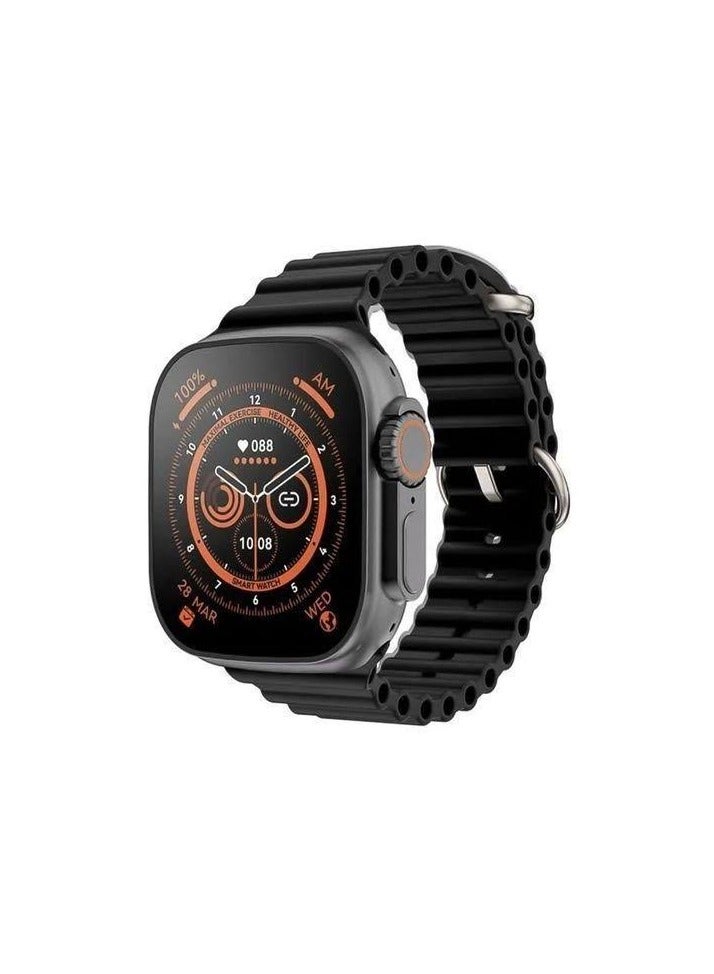 W&O The X8+ Ultra Watch smartwatch features a modern design. It includes a heart rate monitor. The watch measures 49 mm, similar to the original watch. It supports all languages, including Arabic and English. It works with all phones. Connectivity technology: Bluetooth. Screen size: 2.1 inches. The watch body color is black with a black strap. - Image 1
