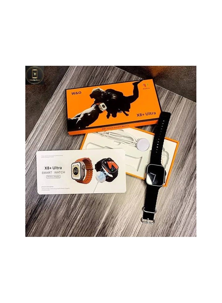 W&O The X8+ Ultra Watch smartwatch features a modern design. It includes a heart rate monitor. The watch measures 49 mm, similar to the original watch. It supports all languages, including Arabic and English. It works with all phones. Connectivity technology: Bluetooth. Screen size: 2.1 inches. The watch body color is black with a black strap. - Image 2