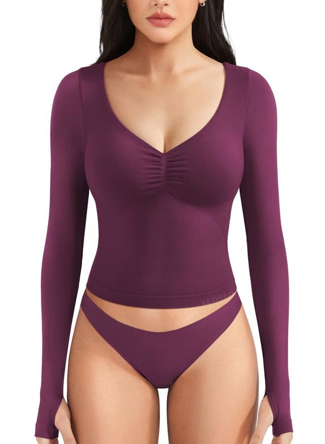 YEOREO Long Sleeve Workout Tops for Women Padded Deep V Neck Double Lined Impact Tops Agniee Slim Fit Gym Athletic Shirts, Black Cherry, XL - Image 1