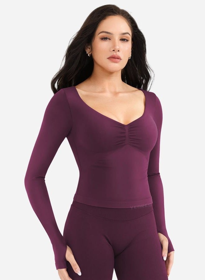 YEOREO Long Sleeve Workout Tops for Women Padded Deep V Neck Double Lined Impact Tops Agniee Slim Fit Gym Athletic Shirts, Black Cherry, XL - Image 4